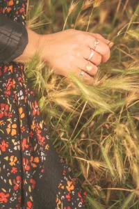 Ladies Hand With A Full Set Of Rings Grasps Some Long Grass