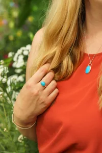 Fox And Moon Jewellery Ring And Matching Necklace With Blue Green Stone