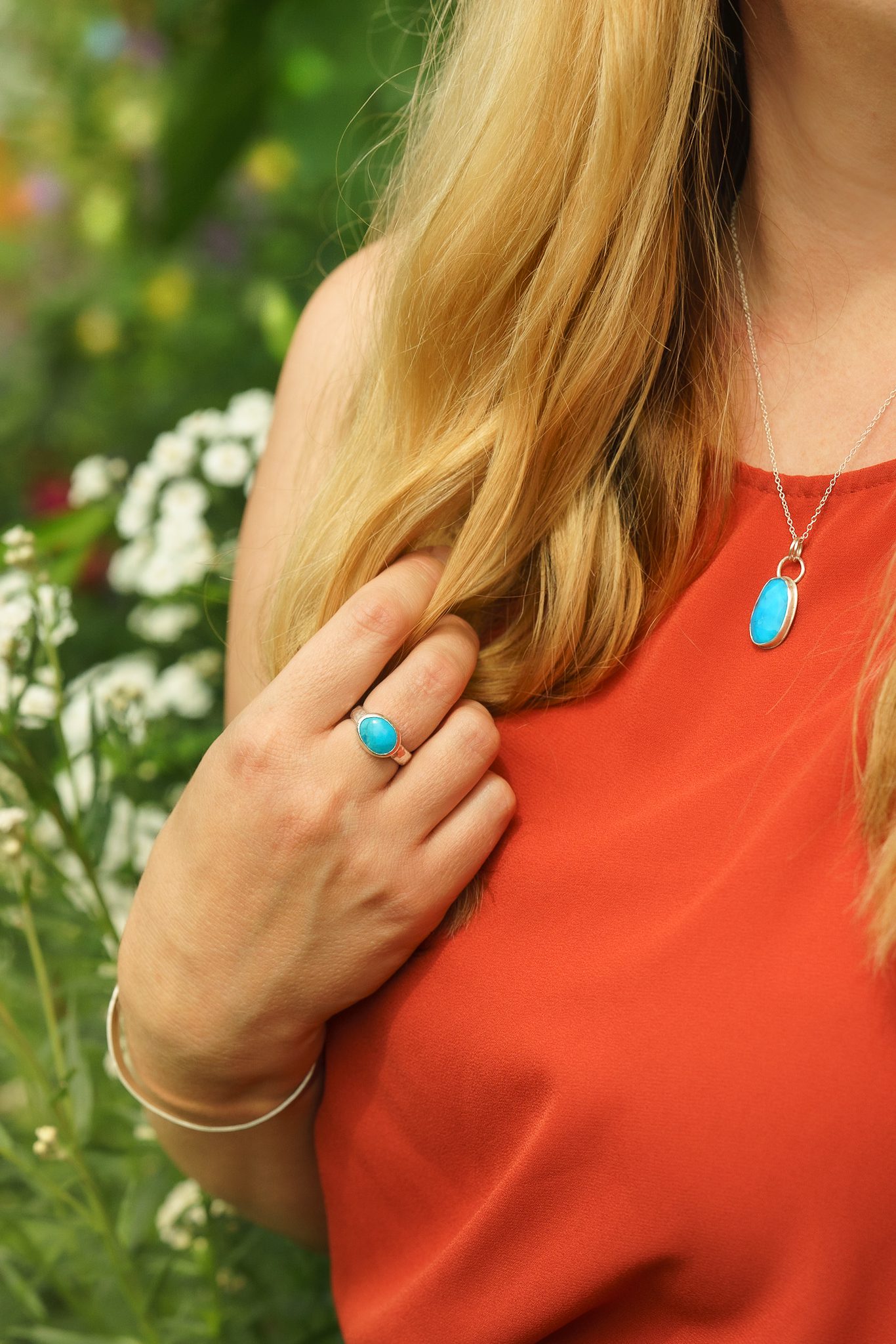 Fox And Moon Jewellery Ring And Matching Necklace With Blue Green Stone